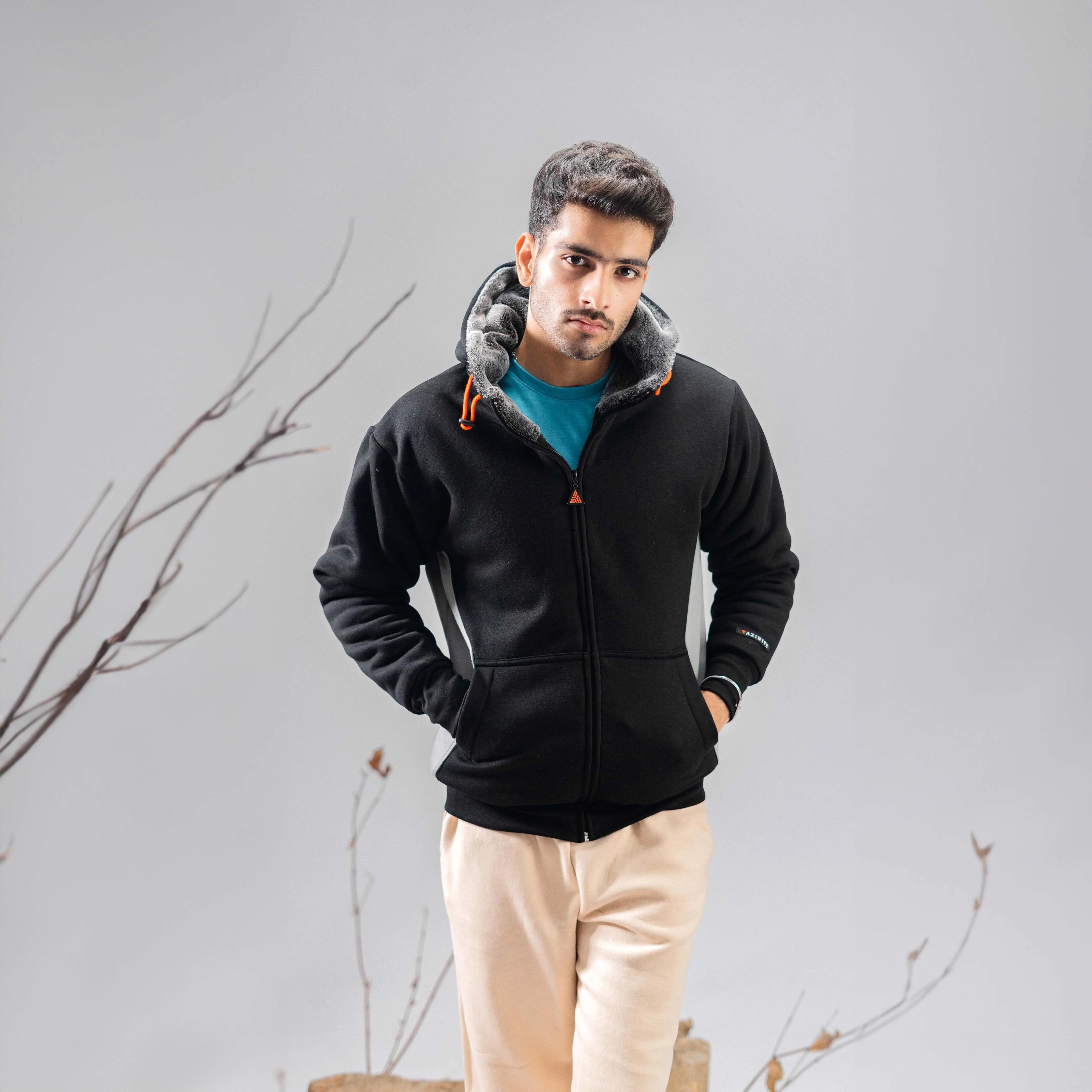 Axinite Unisex AX 96 Contrast Panel Fleece Zipper Hoodie