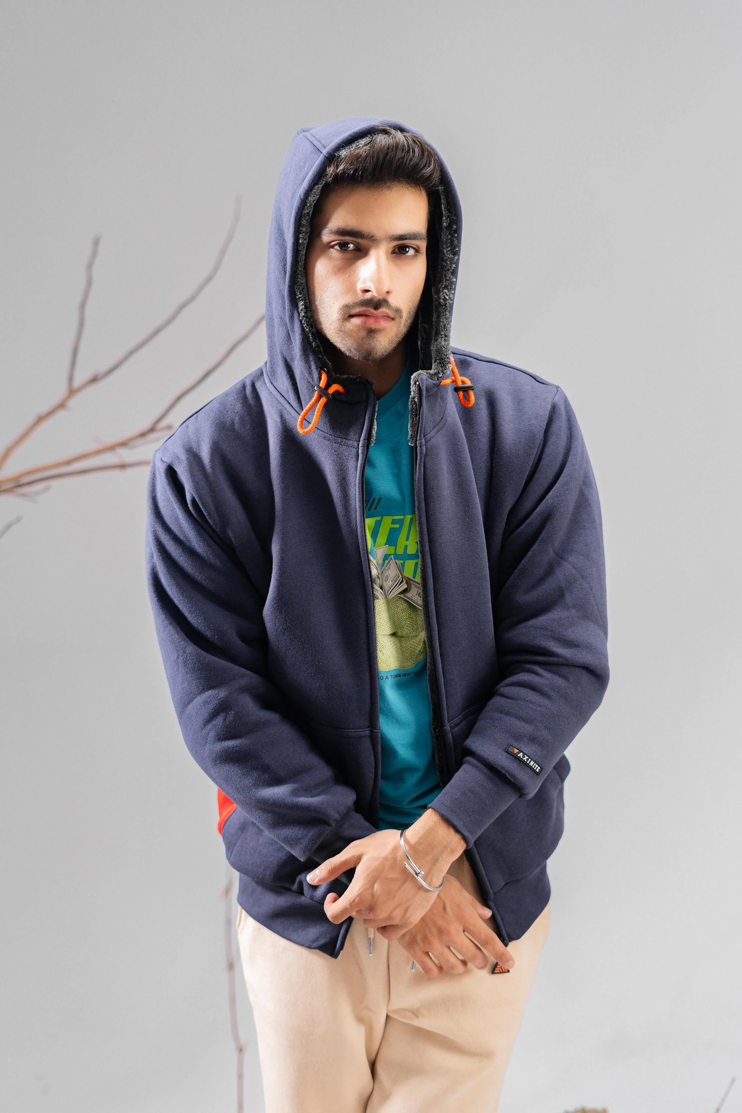 Axinite Unisex AX 96 Contrast Panel Fleece Zipper Hoodie