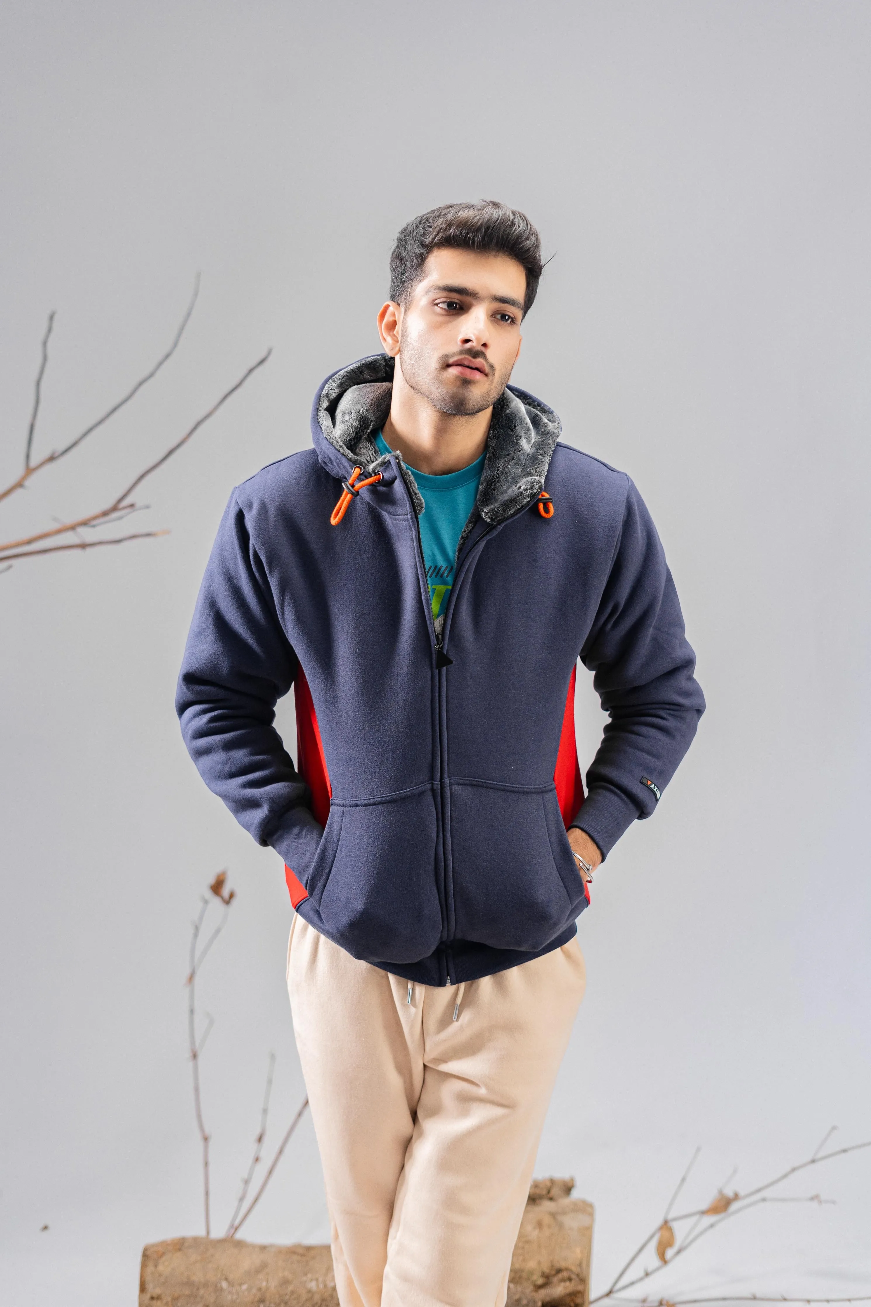 Axinite Unisex AX 96 Contrast Panel Fleece Zipper Hoodie
