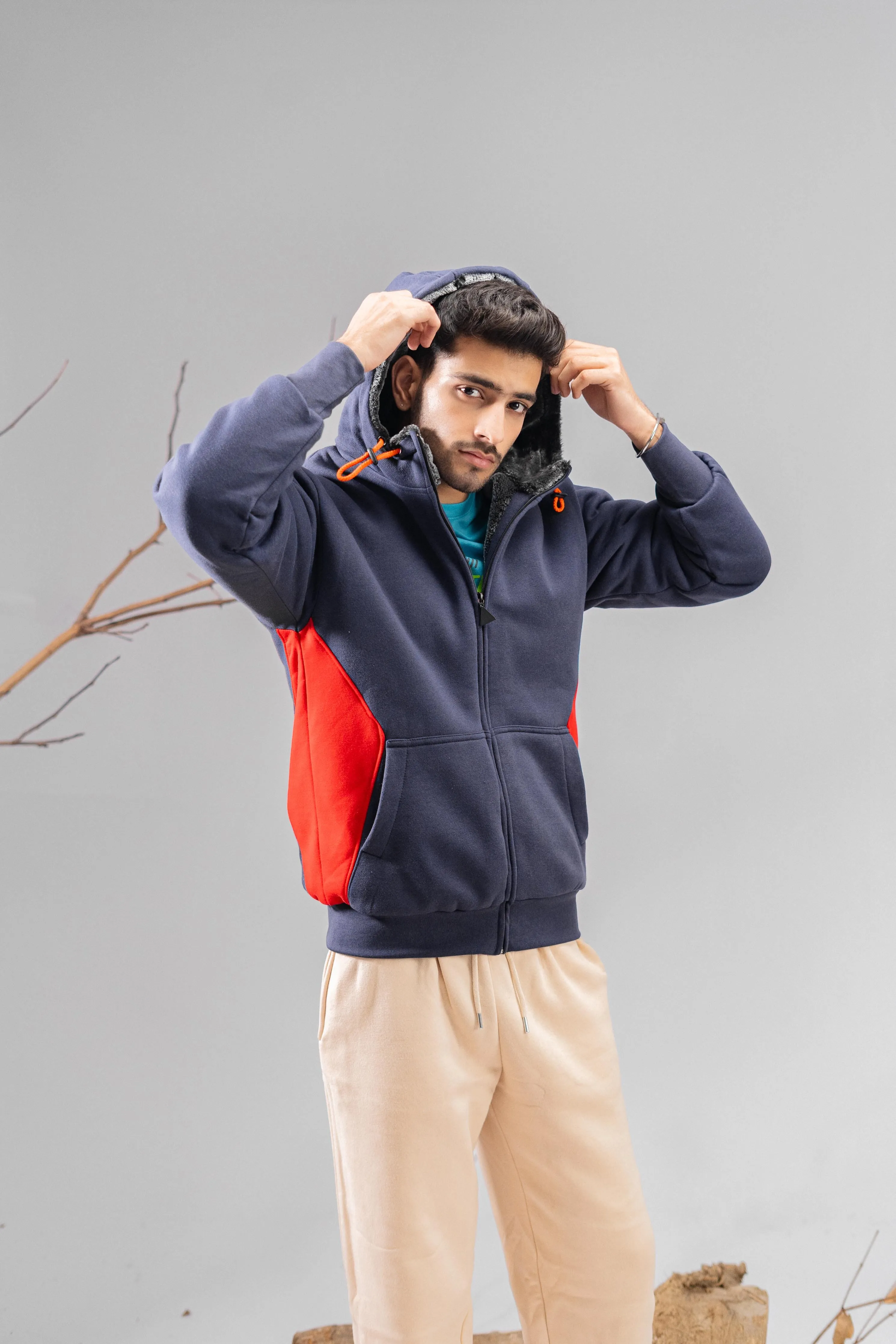 Axinite Unisex AX 96 Contrast Panel Fleece Zipper Hoodie