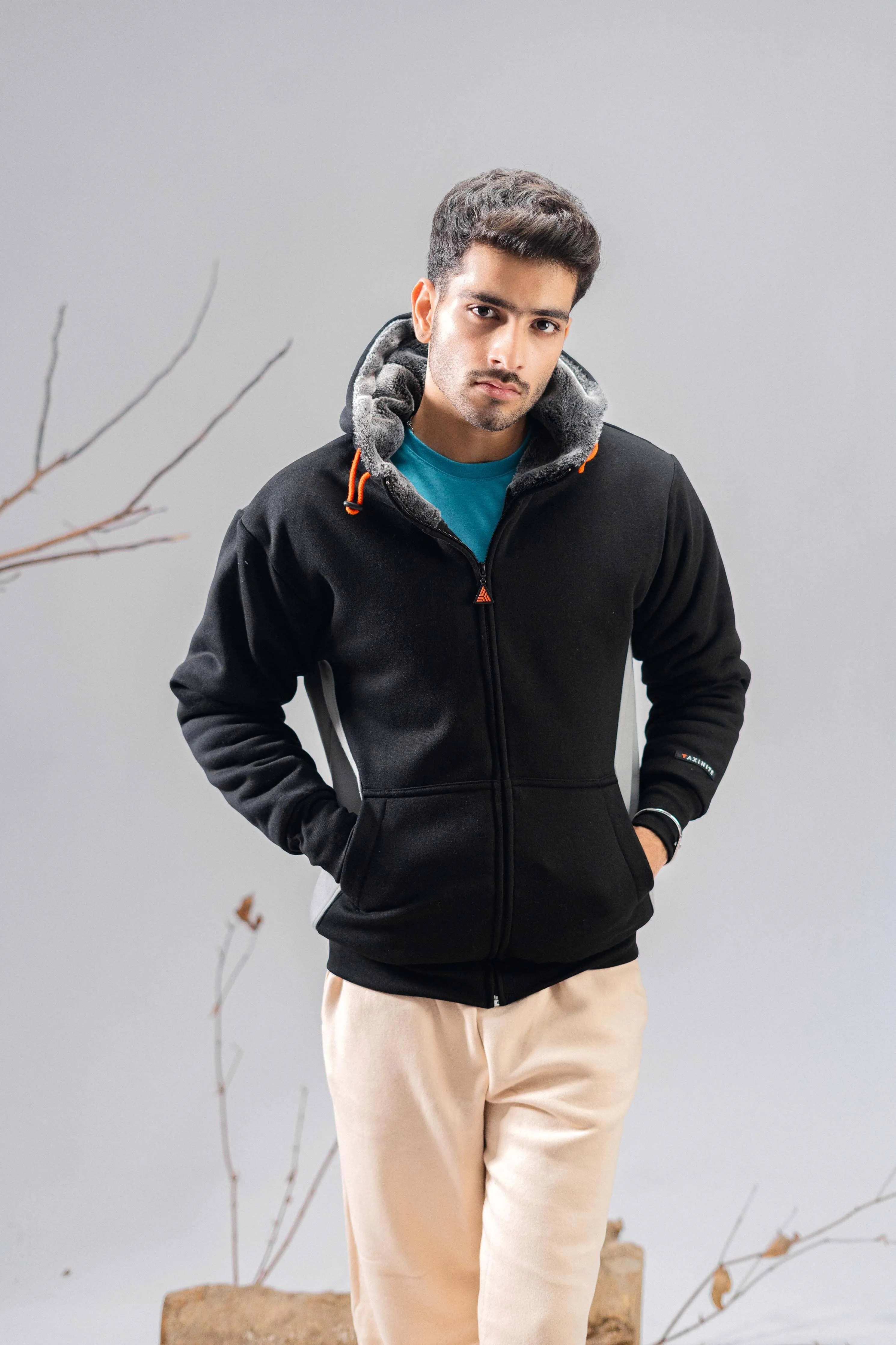Axinite Unisex AX 96 Contrast Panel Fleece Zipper Hoodie