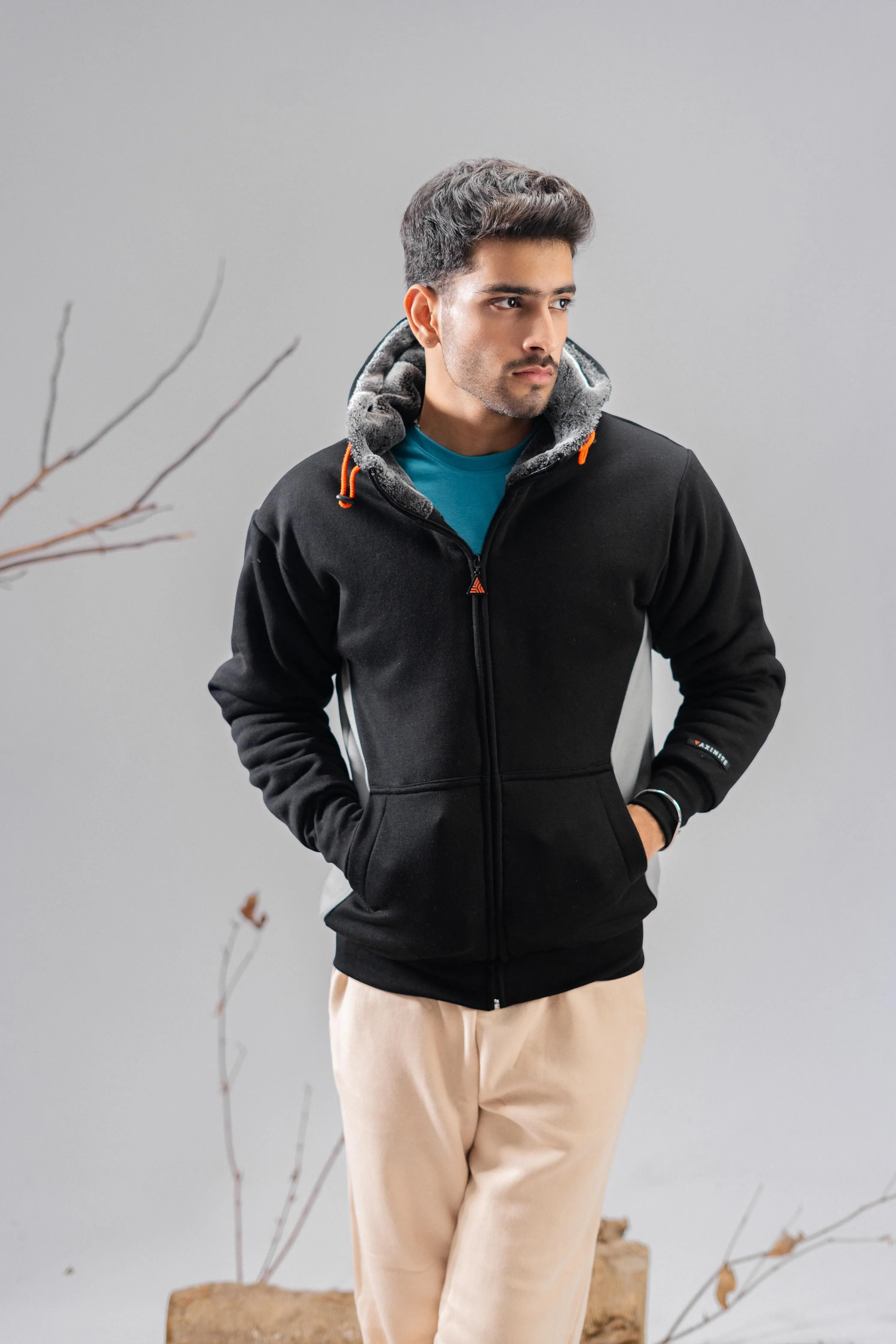 Axinite Unisex AX 96 Contrast Panel Fleece Zipper Hoodie