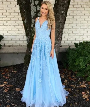 Blue v neck tulle lace long prom dress, blue tulle bridesmaid dress