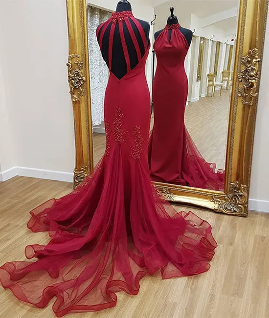 Burgundy tulle mermaid long prom dress, tulle evening dress