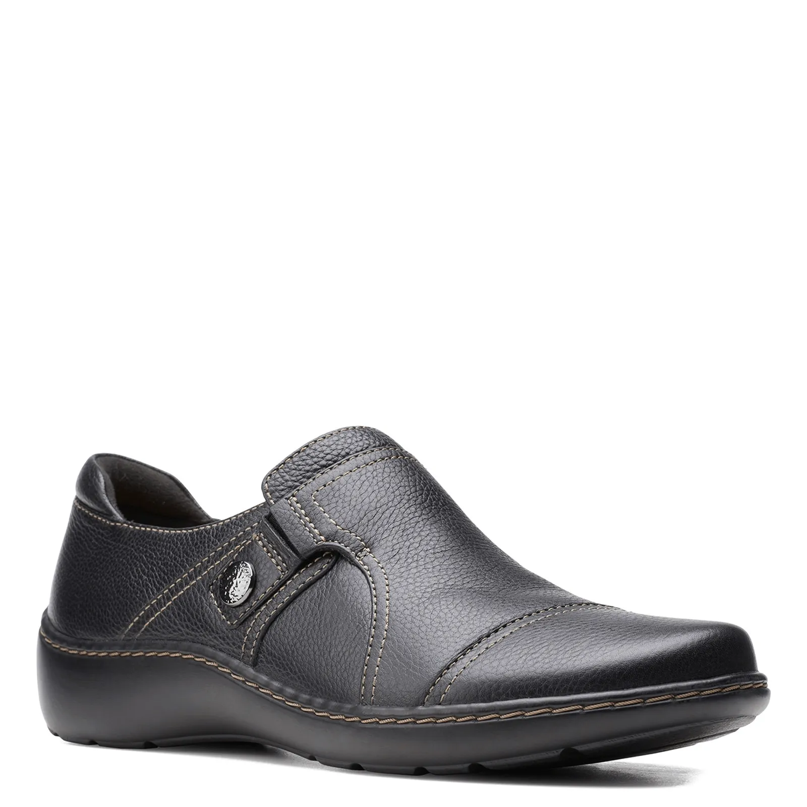 Clarks Women's Cora Poppy Slip Ons- Black Leather