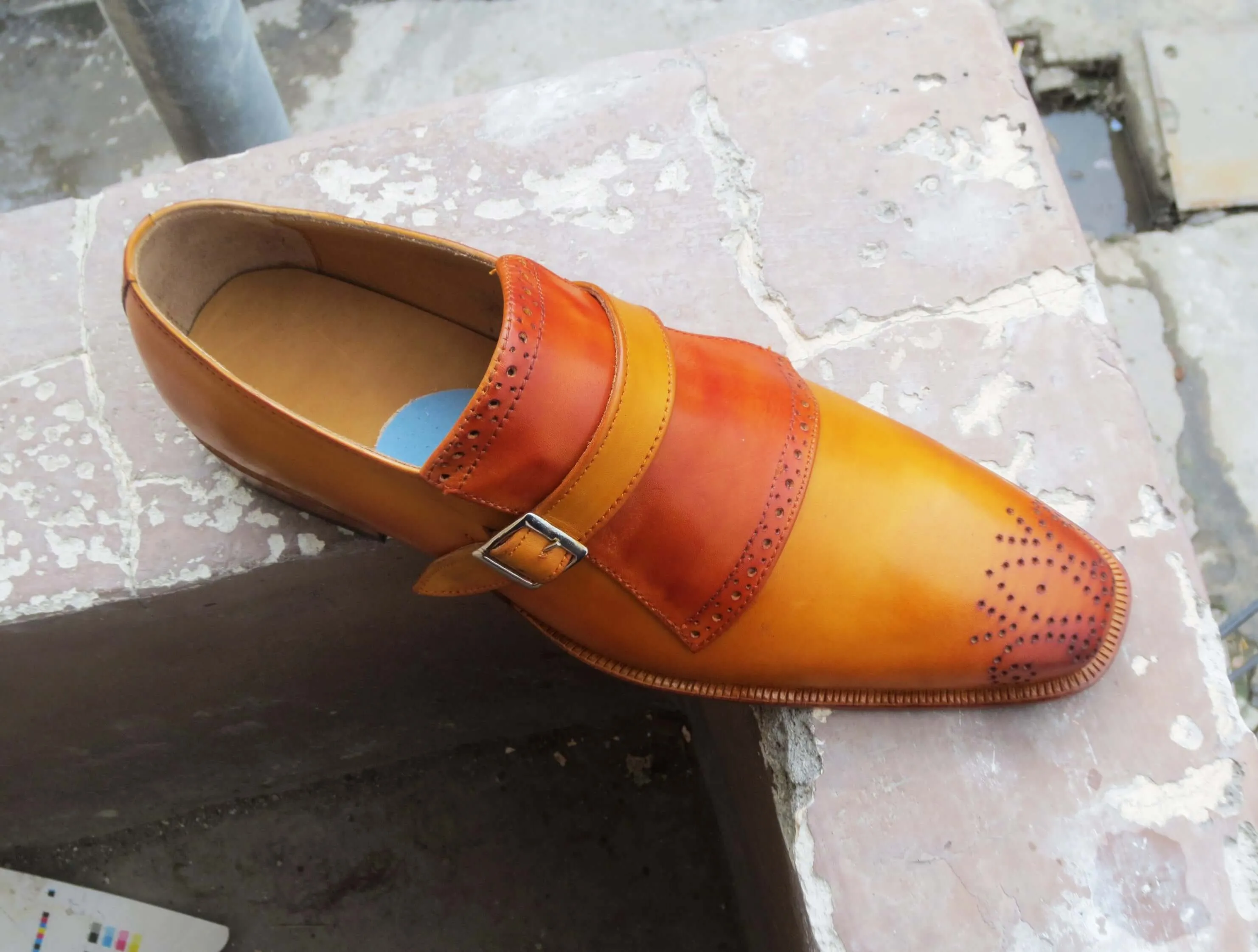 Handmade Men’s Monk Strap Dress Shoes, Men Tan Brown Brogue Leather Formal Shoes