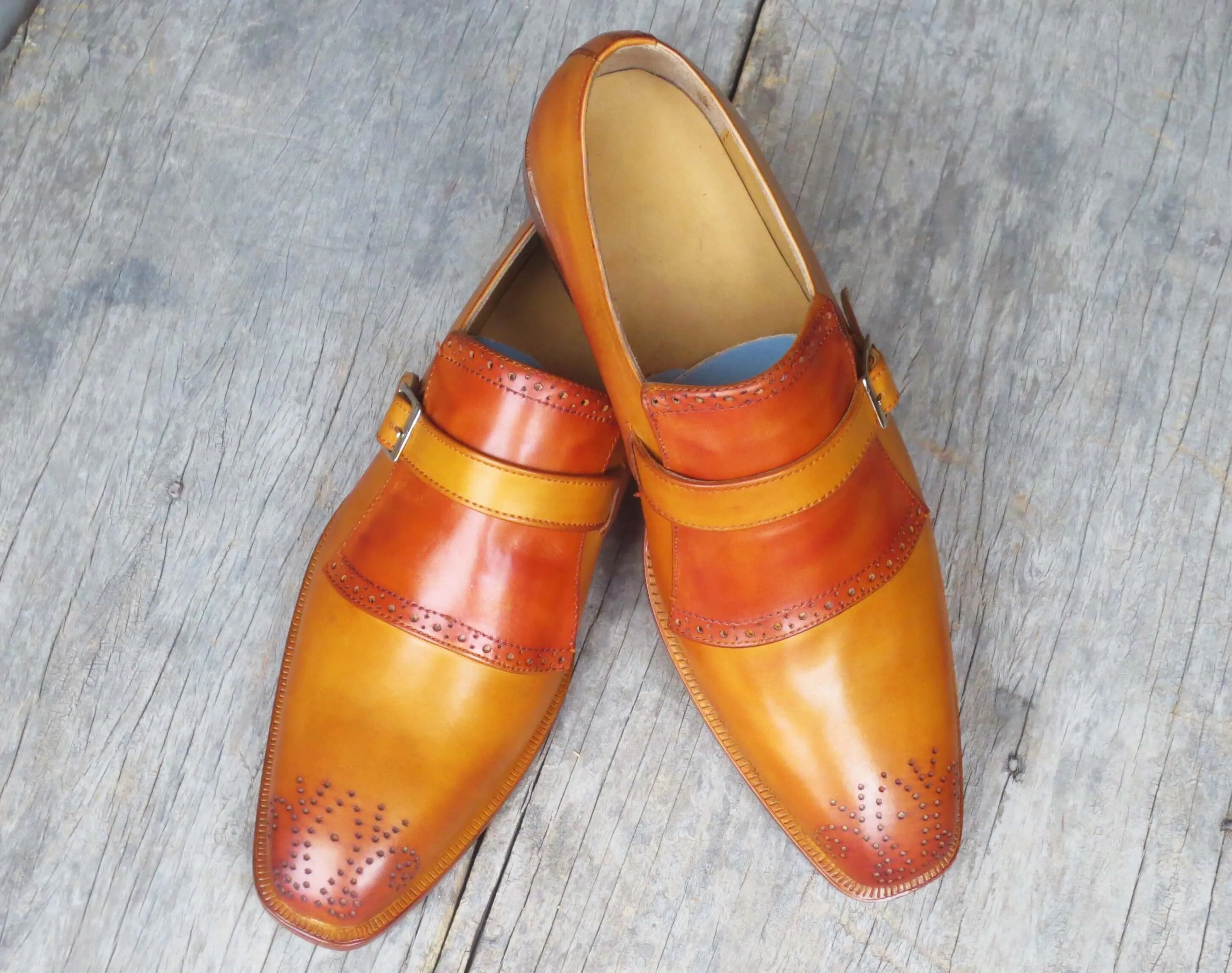Handmade Men’s Monk Strap Dress Shoes, Men Tan Brown Brogue Leather Formal Shoes