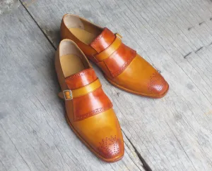 Handmade Men’s Monk Strap Dress Shoes, Men Tan Brown Brogue Leather Formal Shoes