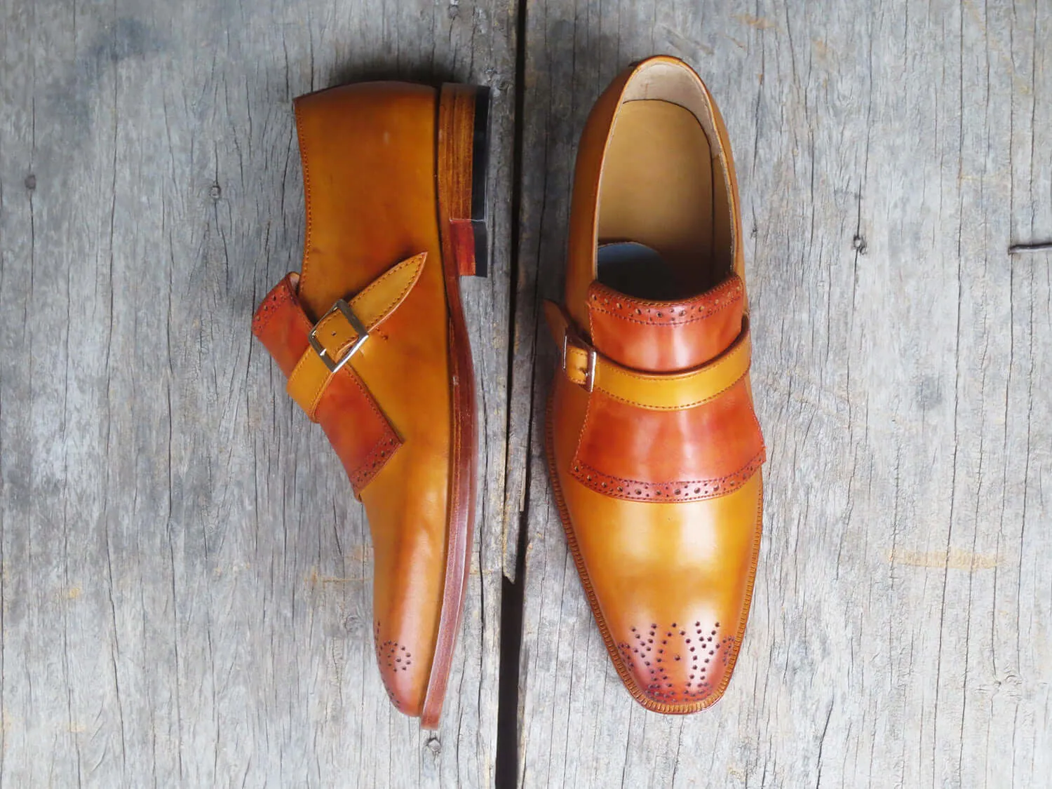 Handmade Men’s Monk Strap Dress Shoes, Men Tan Brown Brogue Leather Formal Shoes