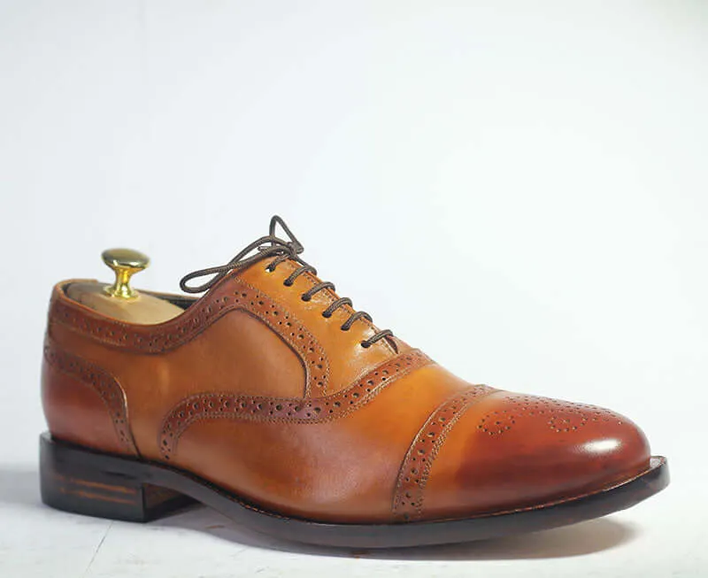 Handmade Men's Tan Cap Toe Brogue Leather Shoes, Men Lace Up Dress Formal Shoes