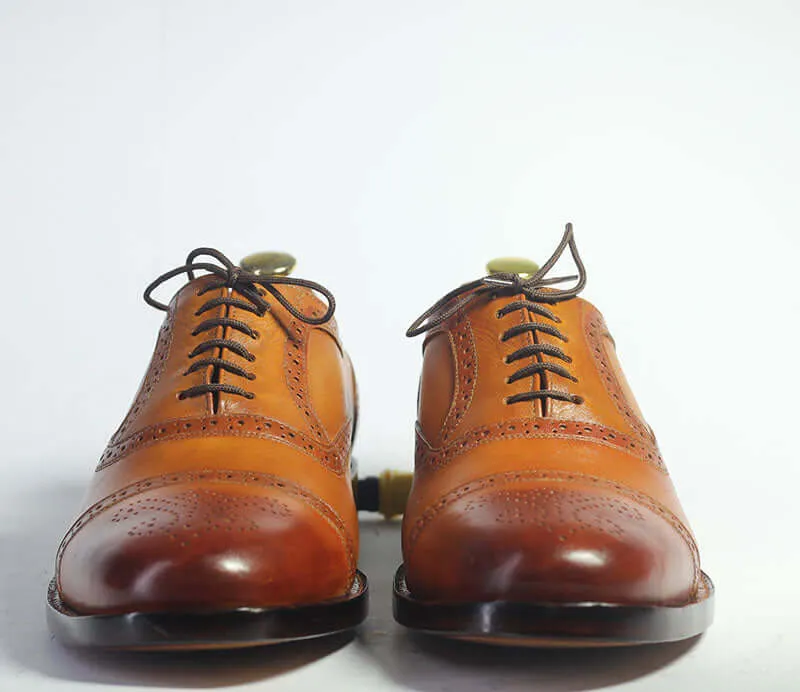 Handmade Men's Tan Cap Toe Brogue Leather Shoes, Men Lace Up Dress Formal Shoes