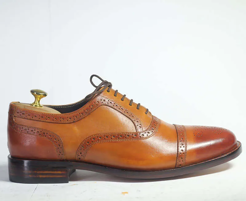 Handmade Men's Tan Cap Toe Brogue Leather Shoes, Men Lace Up Dress Formal Shoes