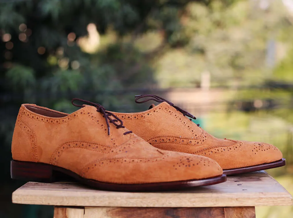 Handmade Men's Tan Suede Wing Tip Brogue Lace Up Shoes, Men Designer Dress Formal Luxury Shoes