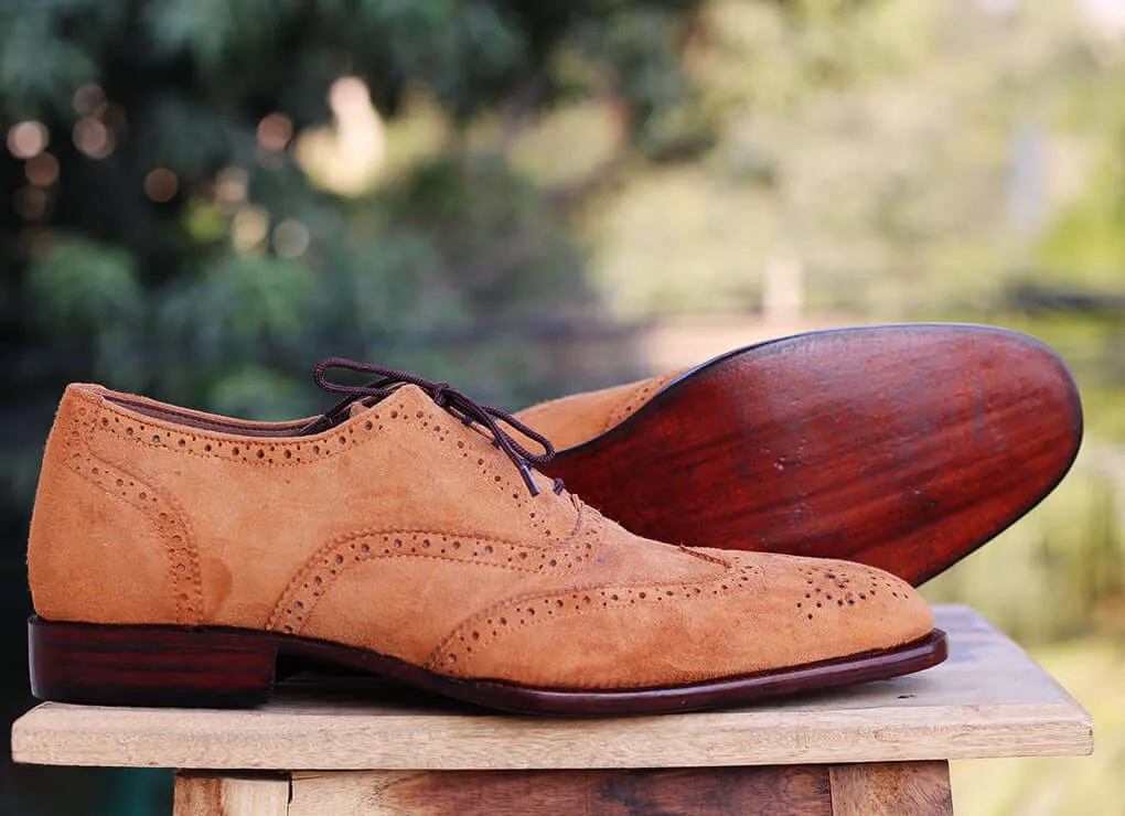Handmade Men's Tan Suede Wing Tip Brogue Lace Up Shoes, Men Designer Dress Formal Luxury Shoes