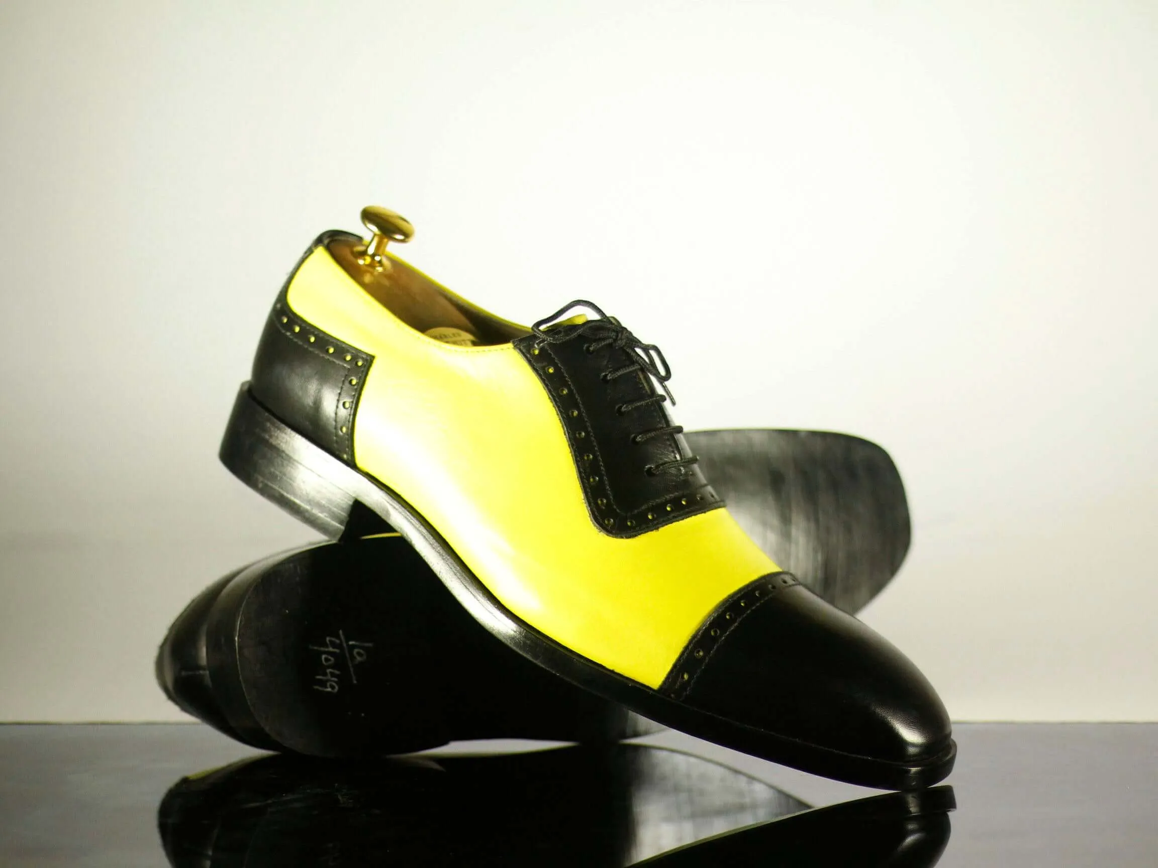 Handmade Men's Two Tone Black & Yellow Cap Toe Leather Lace Up Shoes, Men Designer Dress Formal Luxury Shoes