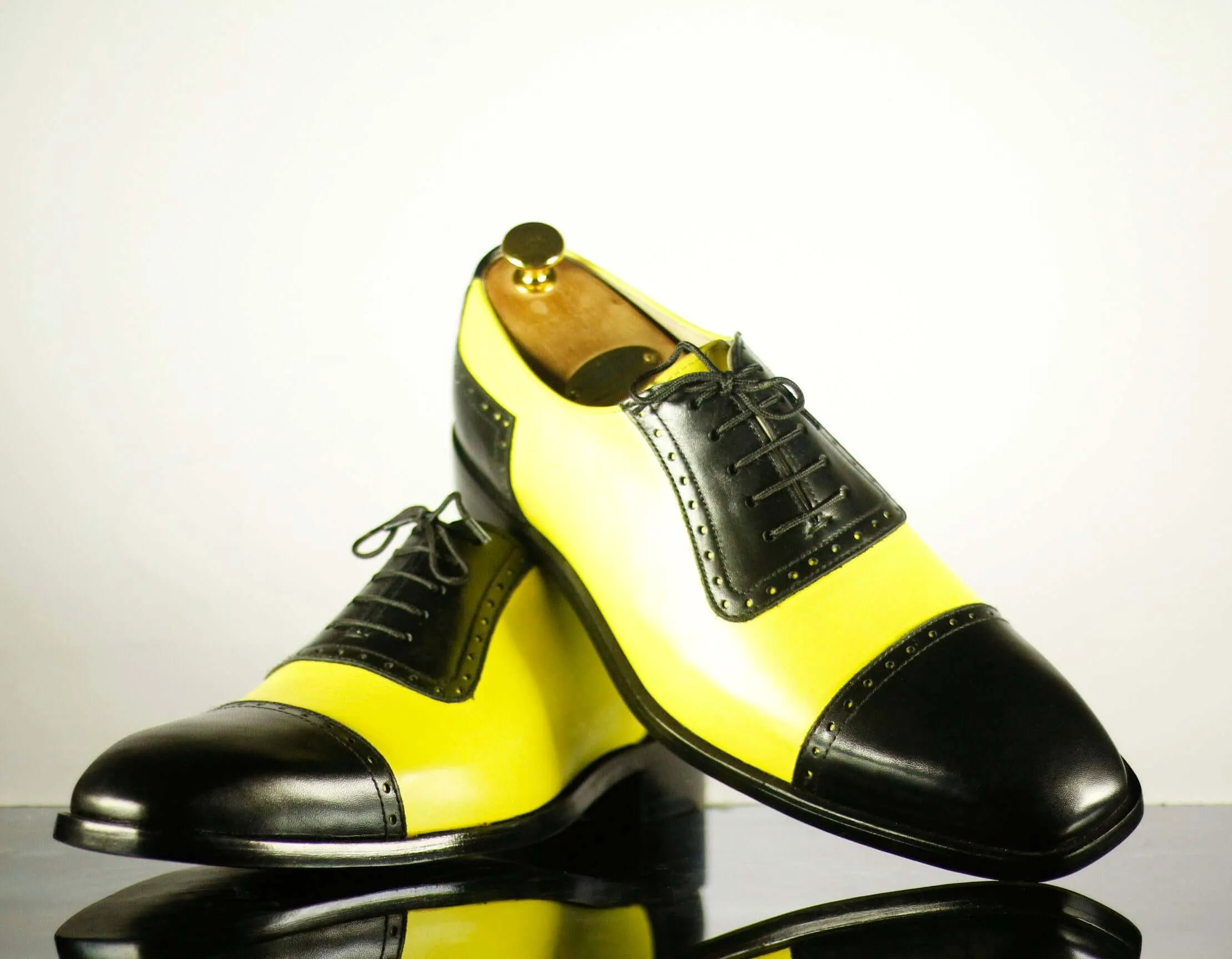 Handmade Men's Two Tone Black & Yellow Cap Toe Leather Lace Up Shoes, Men Designer Dress Formal Luxury Shoes