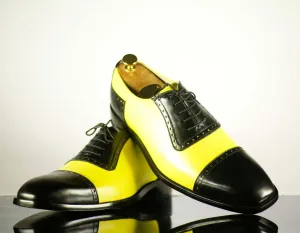 Handmade Men's Two Tone Black & Yellow Cap Toe Leather Lace Up Shoes, Men Designer Dress Formal Luxury Shoes