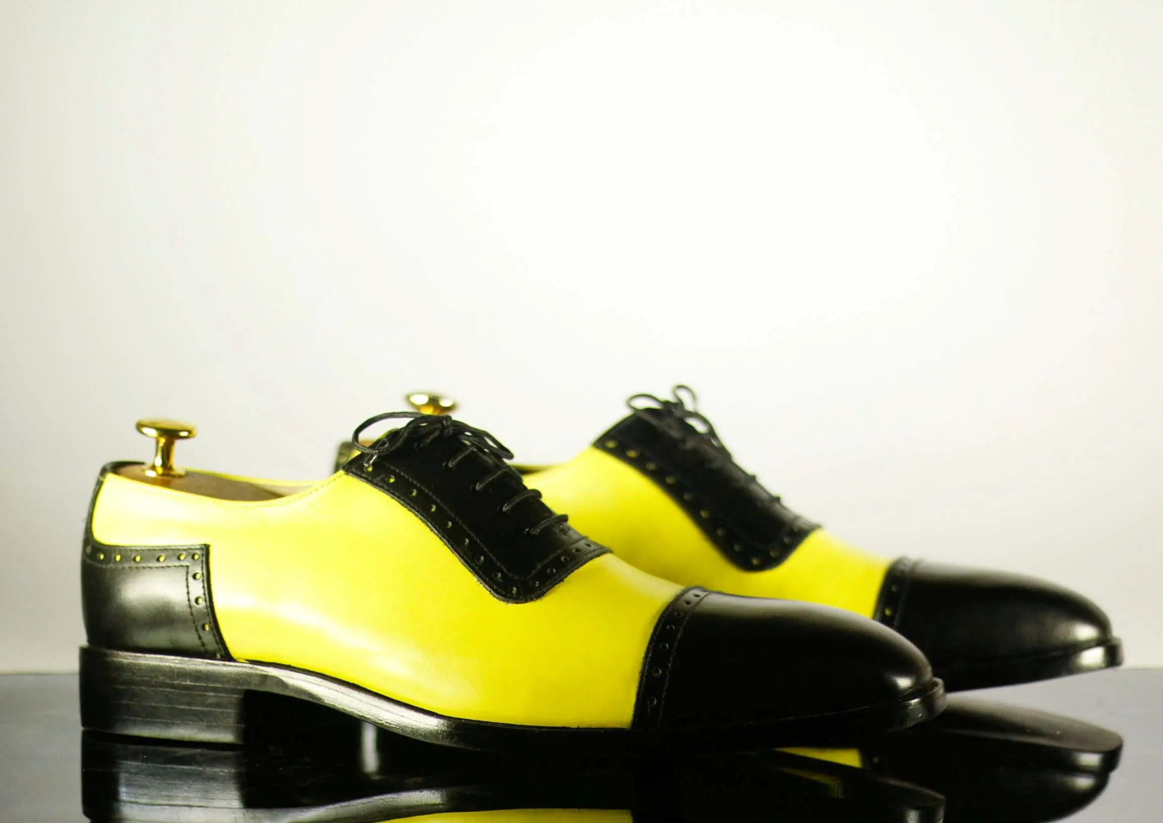 Handmade Men's Two Tone Black & Yellow Cap Toe Leather Lace Up Shoes, Men Designer Dress Formal Luxury Shoes