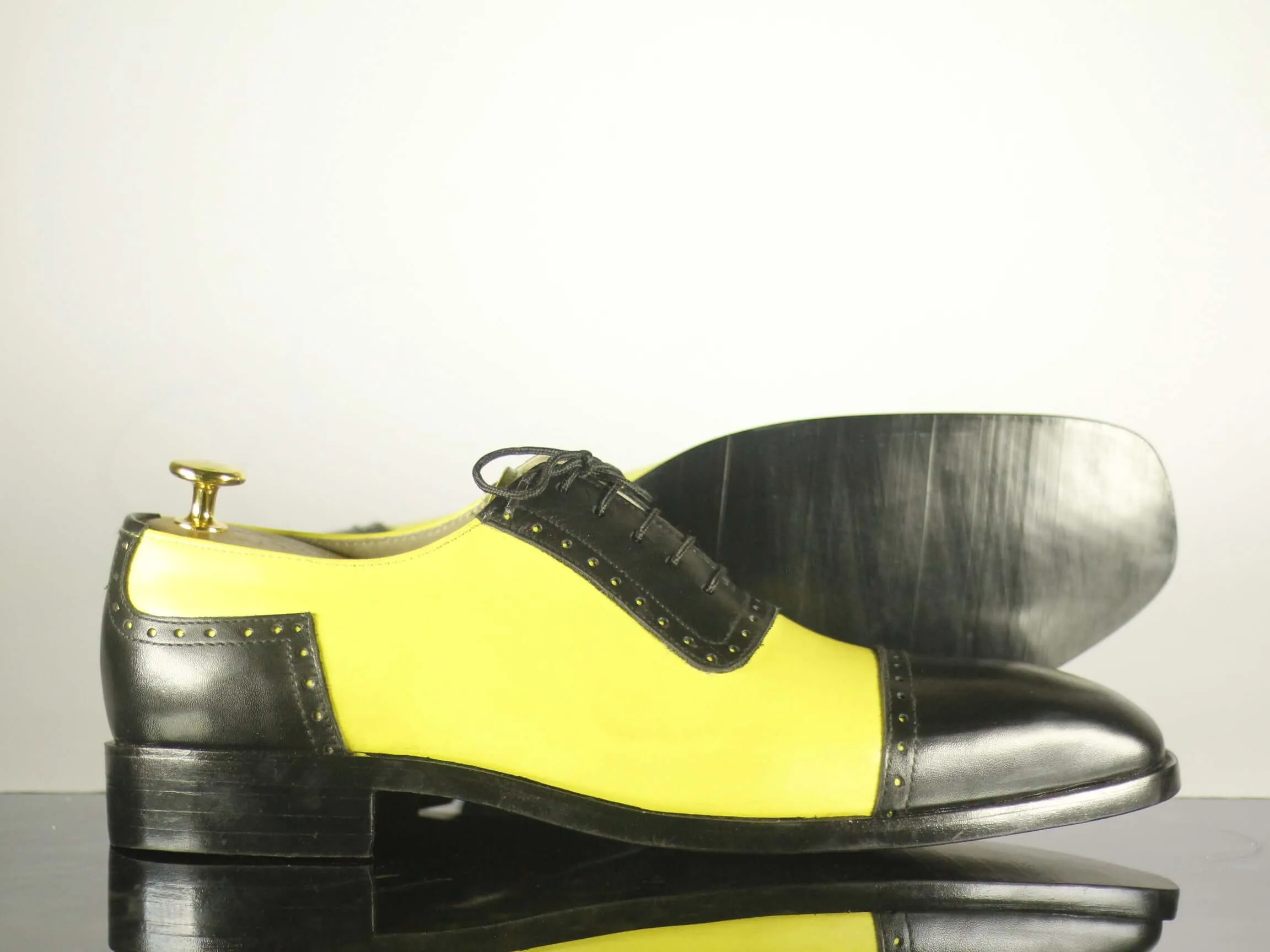 Handmade Men's Two Tone Black & Yellow Cap Toe Leather Lace Up Shoes, Men Designer Dress Formal Luxury Shoes