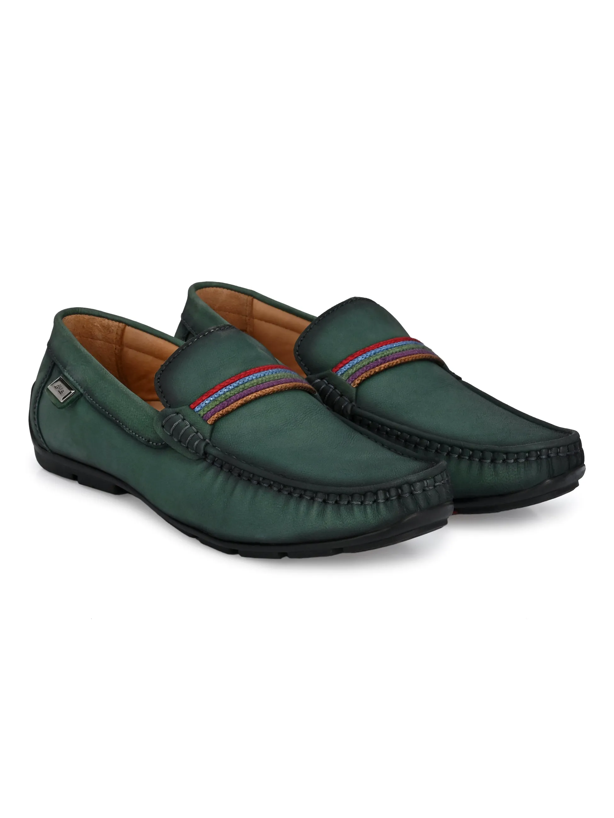 Hitz Men's Green Leather Moccasins Loafer Shoes