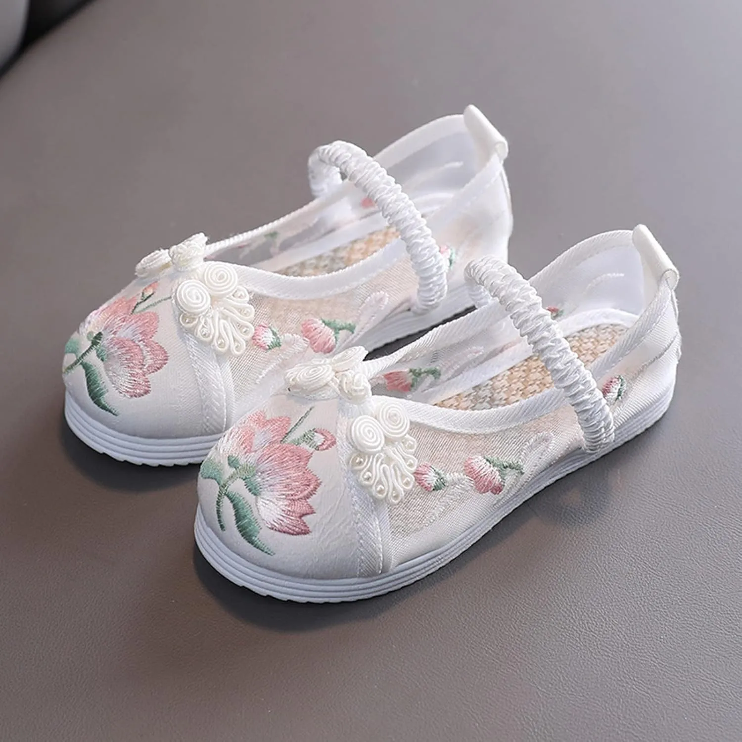 Kids Girls Floral Embroidered Flat Shoes Lightweight Mesh Mary-Jane Ballet Shoes for Little Kid Big Kid