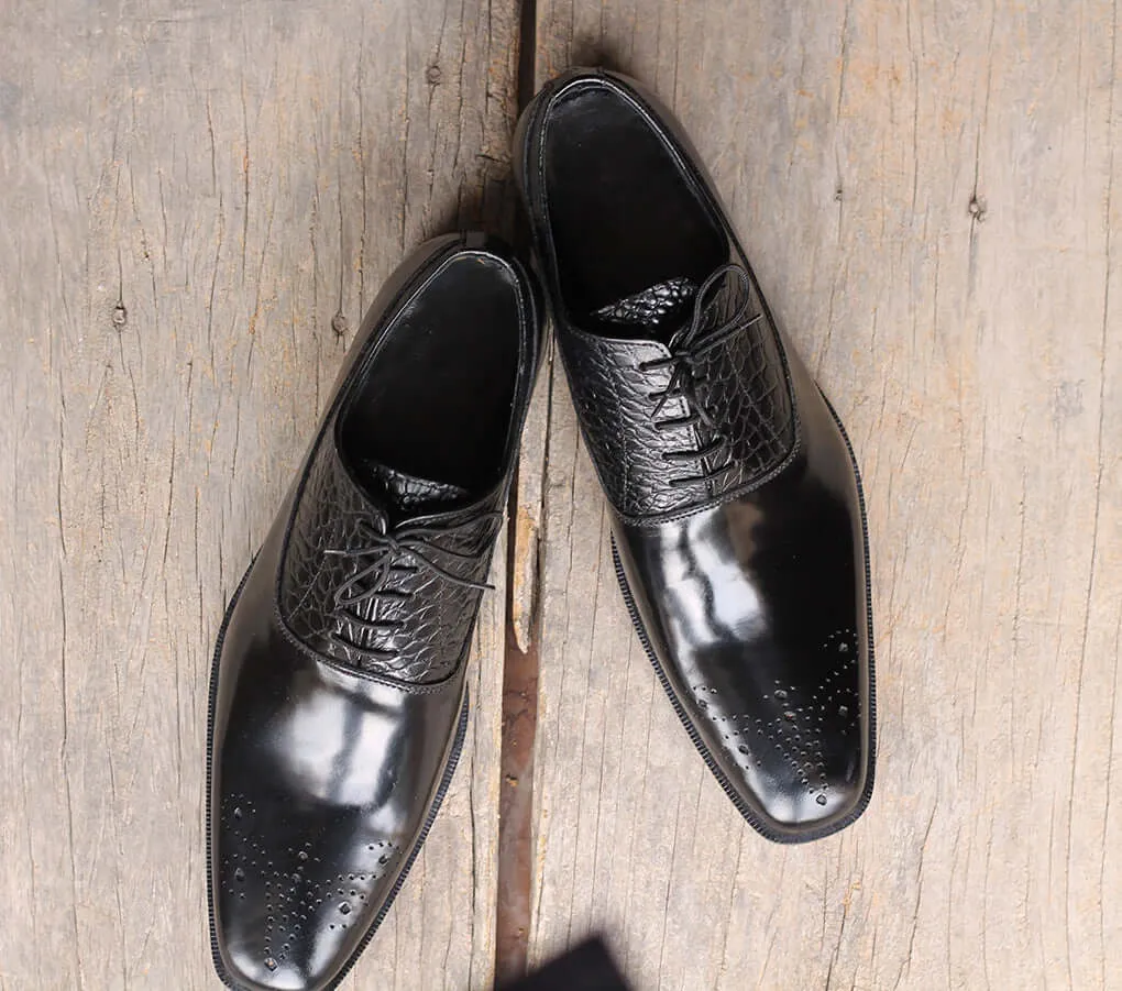 Men's Handmade Black Alligator Leather Brogue Shoes