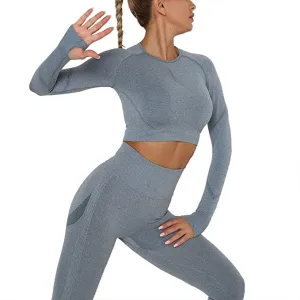 New AGUTIUN Women's Workout Outfit 2 Piece Set Athletic Yoga Leggings with Long Sleeve Gym Crop Top in Blue, sz S! Great Reviews on Amazon!