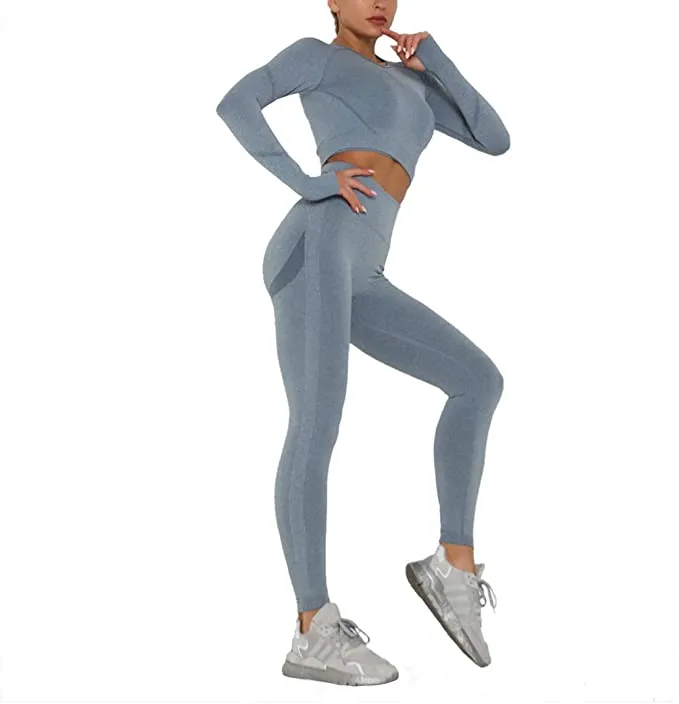 New AGUTIUN Women's Workout Outfit 2 Piece Set Athletic Yoga Leggings with Long Sleeve Gym Crop Top in Blue, sz S! Great Reviews on Amazon!