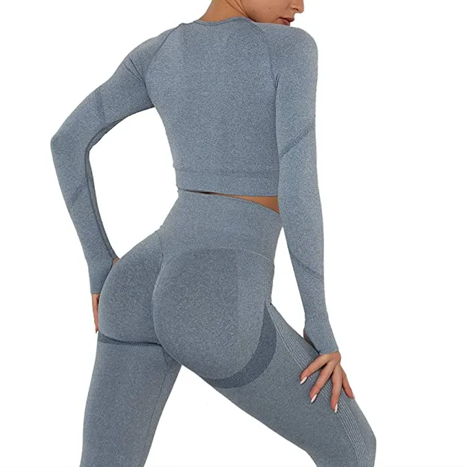 New AGUTIUN Women's Workout Outfit 2 Piece Set Athletic Yoga Leggings with Long Sleeve Gym Crop Top in Blue, sz S! Great Reviews on Amazon!
