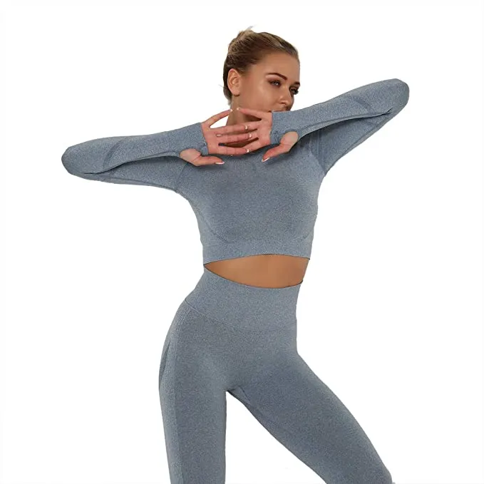 New AGUTIUN Women's Workout Outfit 2 Piece Set Athletic Yoga Leggings with Long Sleeve Gym Crop Top in Blue, sz S! Great Reviews on Amazon!
