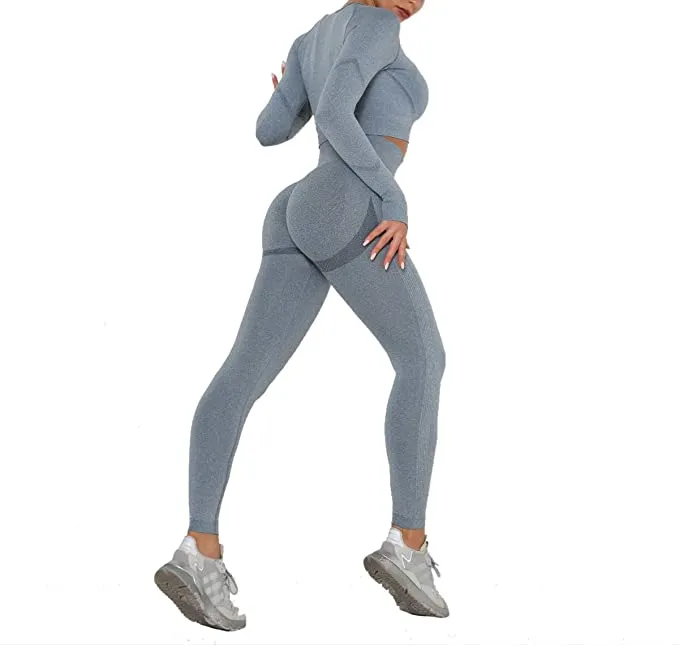 New AGUTIUN Women's Workout Outfit 2 Piece Set Athletic Yoga Leggings with Long Sleeve Gym Crop Top in Blue, sz S! Great Reviews on Amazon!