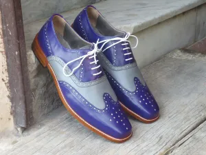 New Handmade Men's Blue Gray Wing Tip Brogue Leather Lace Up Shoes, Men Designer Dress Shoes
