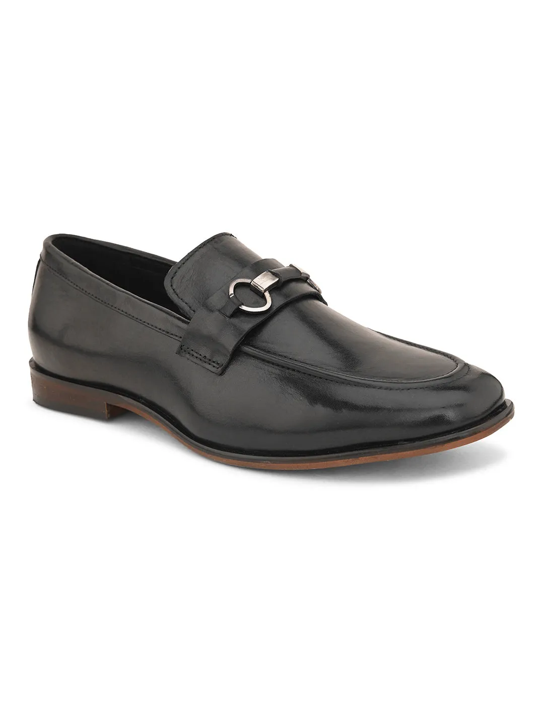 Pelle Albero Black Leather Slip on Handcrafted Round Formal Shoes For Men