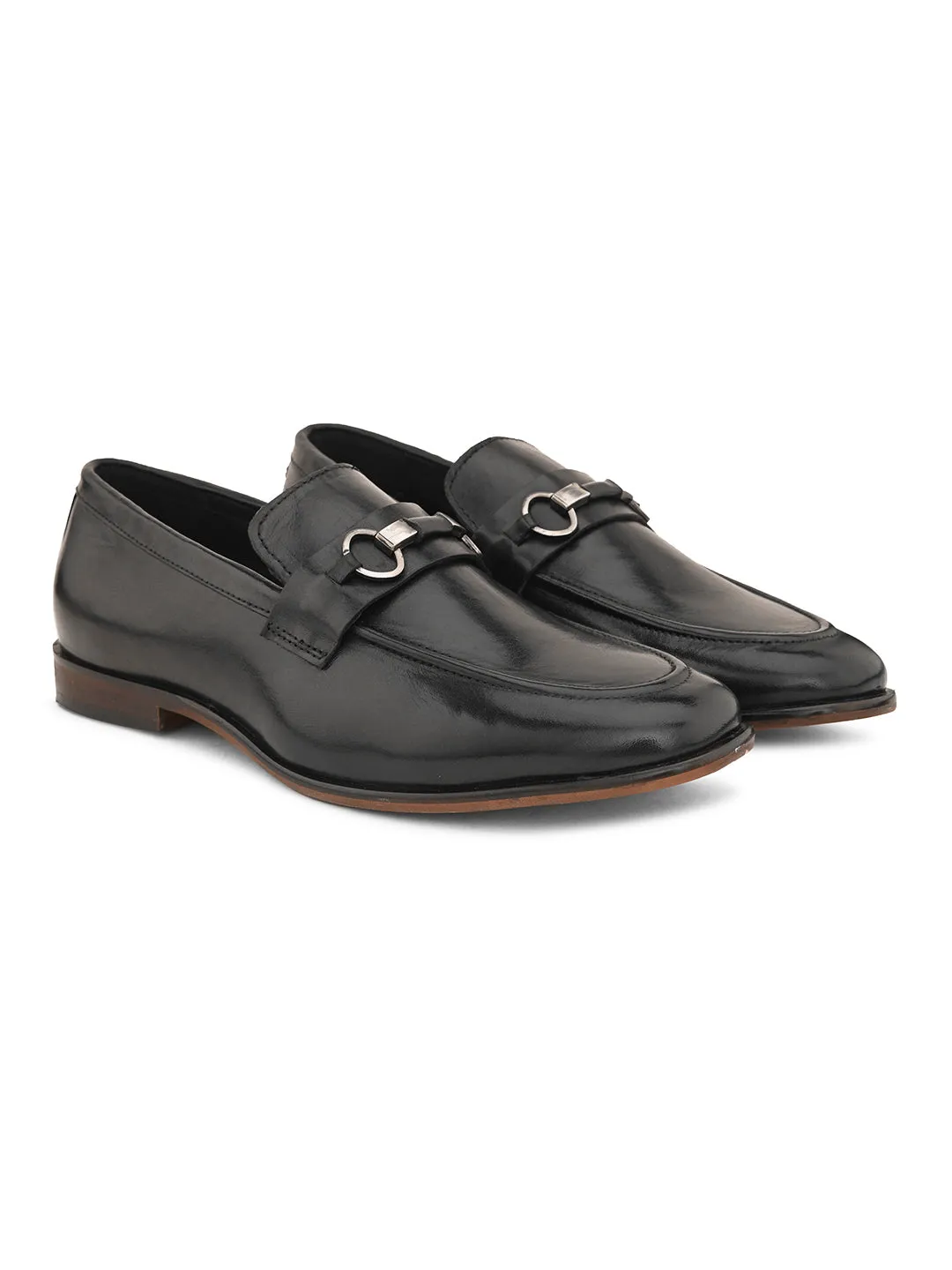 Pelle Albero Black Leather Slip on Handcrafted Round Formal Shoes For Men
