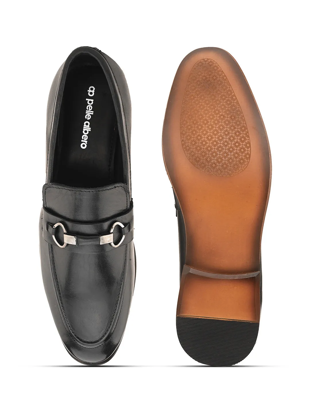 Pelle Albero Black Leather Slip on Handcrafted Round Formal Shoes For Men