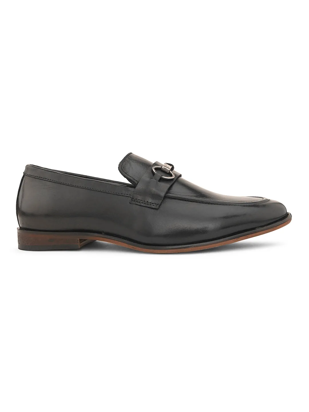 Pelle Albero Black Leather Slip on Handcrafted Round Formal Shoes For Men