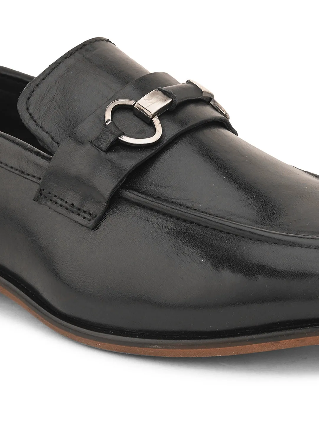 Pelle Albero Black Leather Slip on Handcrafted Round Formal Shoes For Men