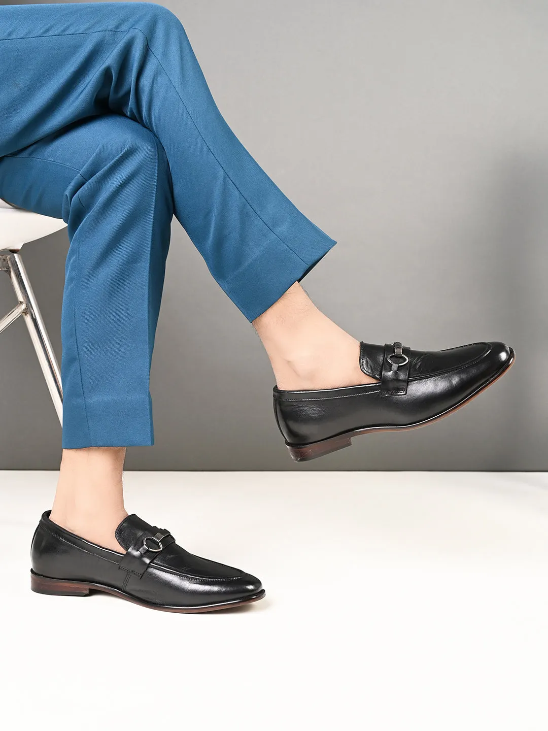 Pelle Albero Black Leather Slip on Handcrafted Round Formal Shoes For Men