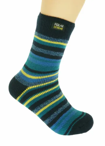Polar Extreme Boy's Insulated Thermal Striped Crew Socks Blue Yellow Stripes