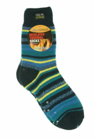 Polar Extreme Boy's Insulated Thermal Striped Crew Socks Blue Yellow Stripes