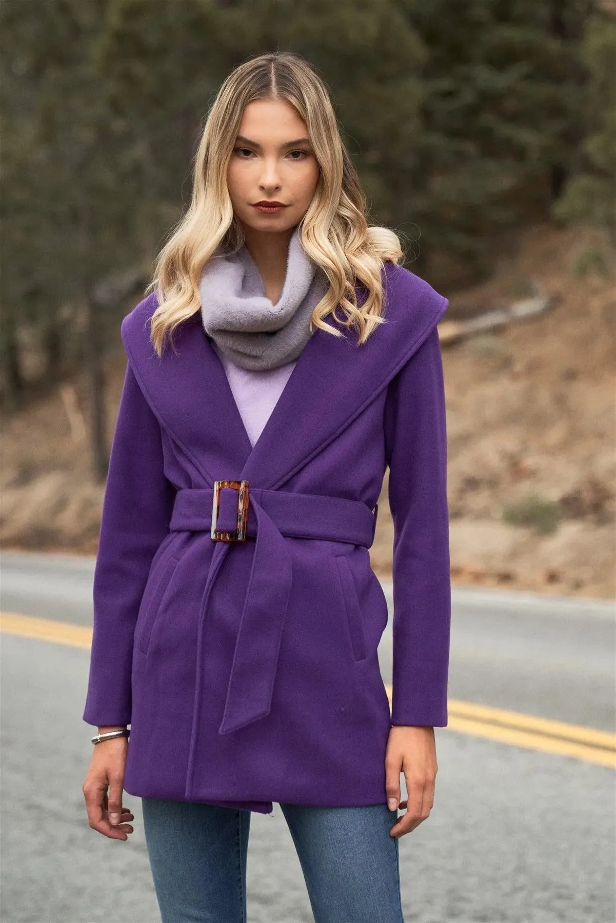 Purple Oversized Collar Long Sleeve Self-Belt Buckles Short Coat