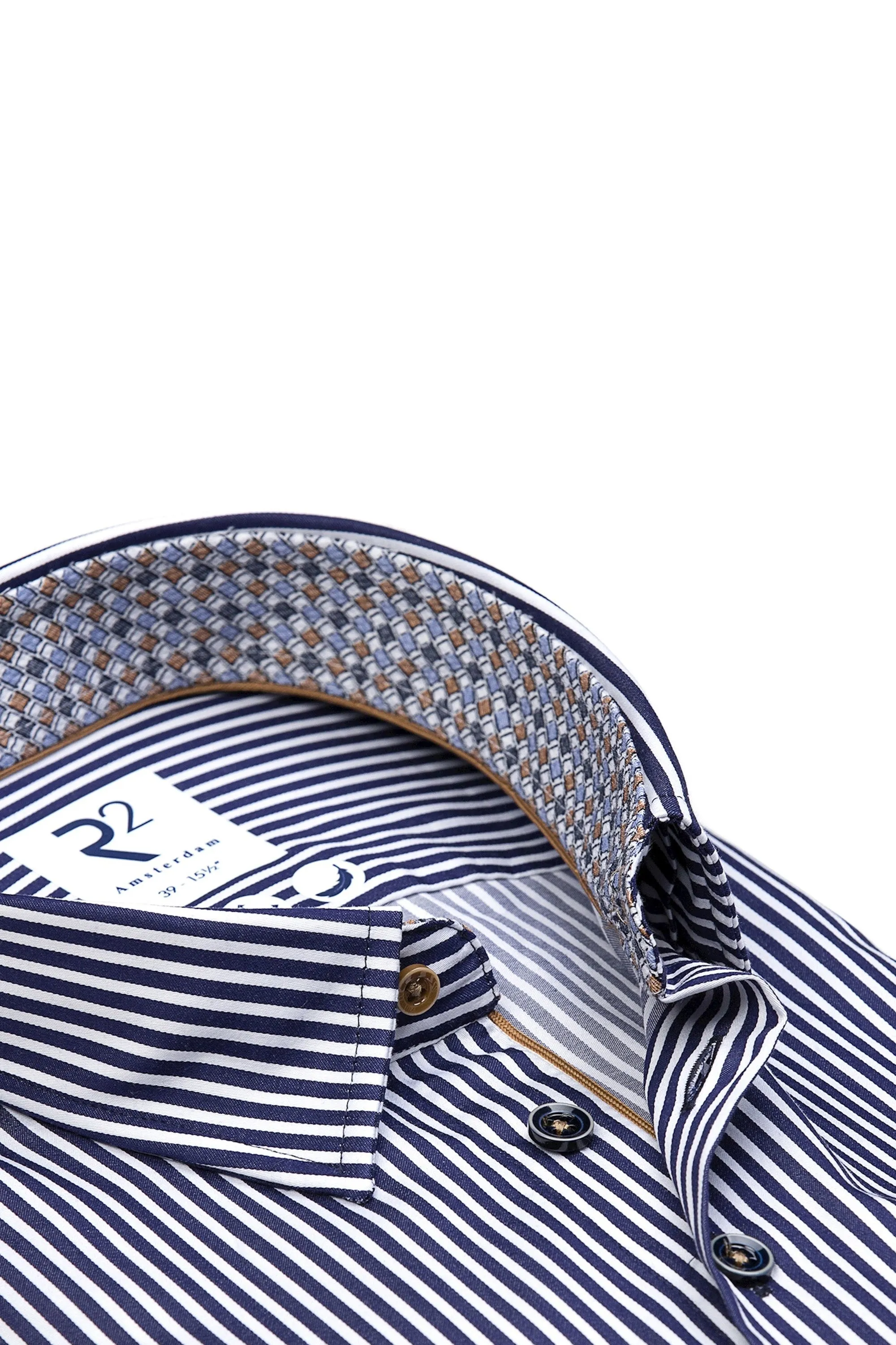 R2 Hidden Button Down Navy Stripe Shirt