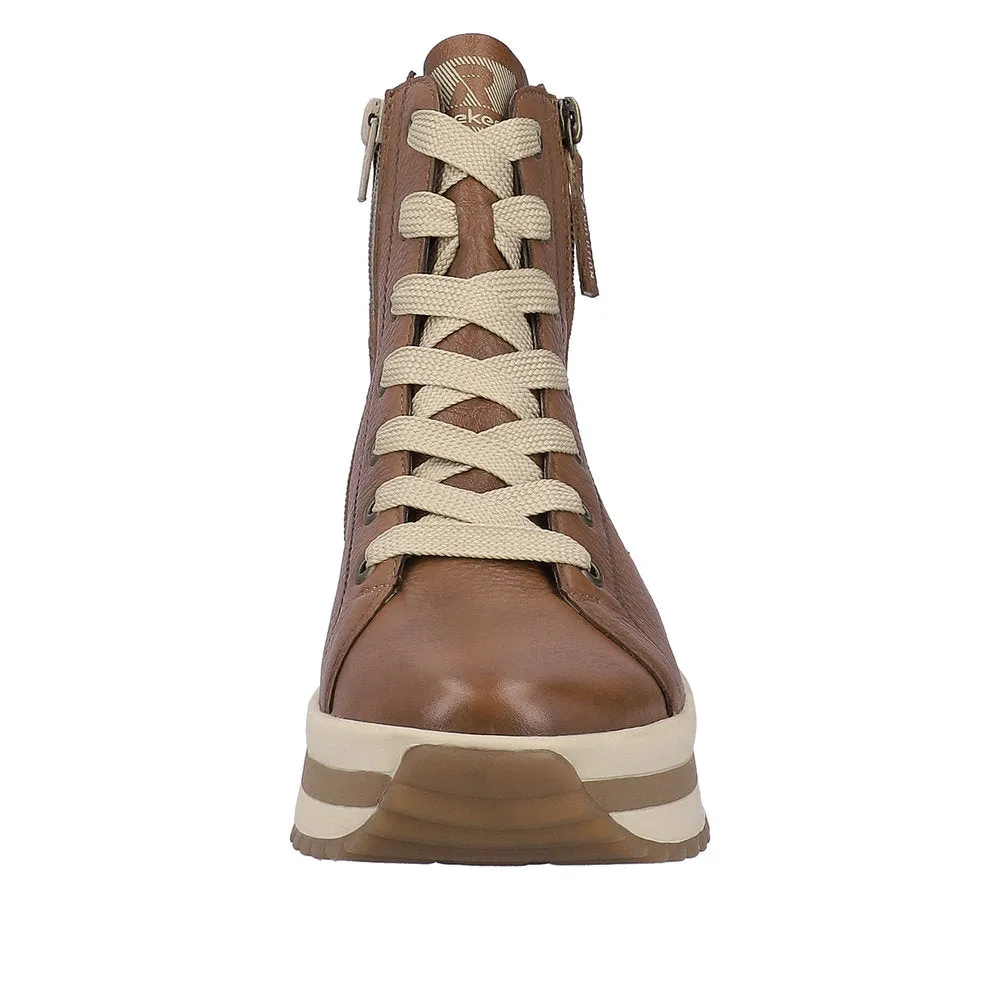Rieker W0962-24  Ladies Brown Leather Zip & Lace Ankle Boots