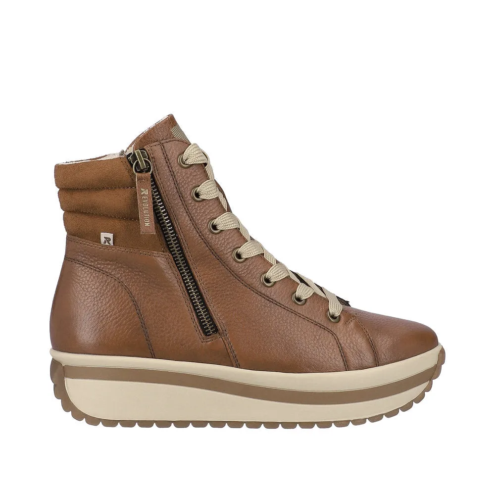 Rieker W0962-24  Ladies Brown Leather Zip & Lace Ankle Boots