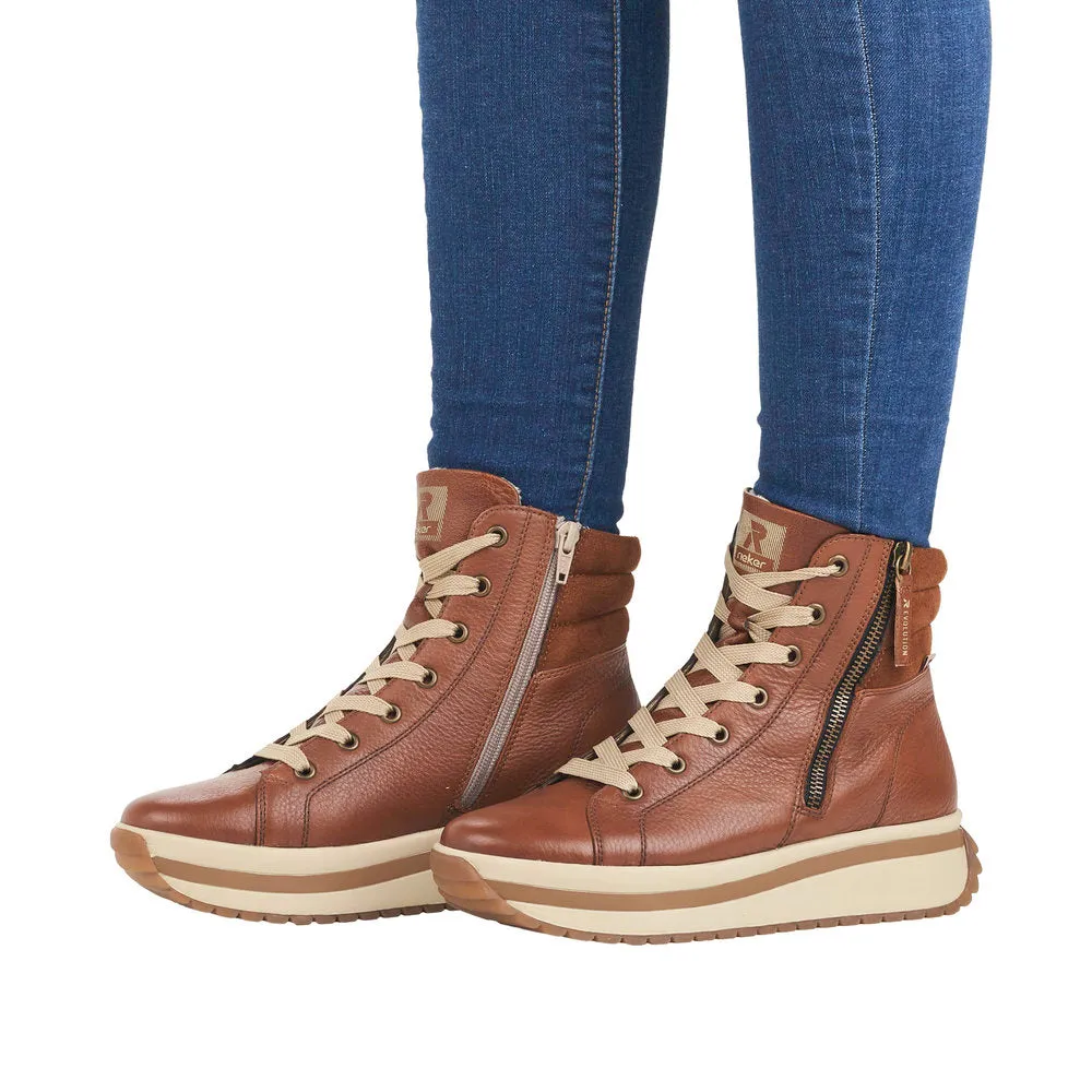 Rieker W0962-24  Ladies Brown Leather Zip & Lace Ankle Boots