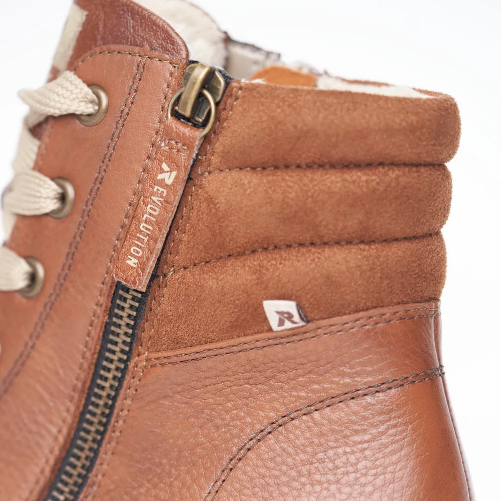 Rieker W0962-24  Ladies Brown Leather Zip & Lace Ankle Boots