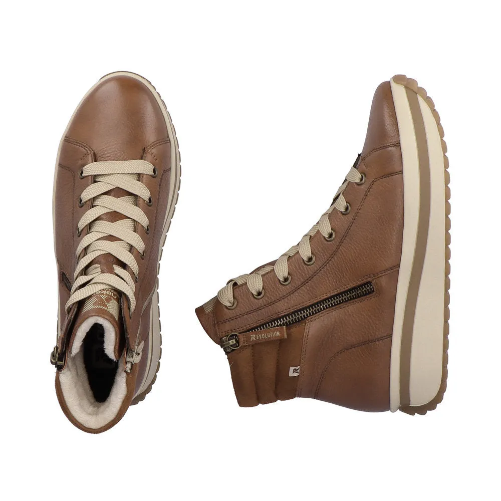 Rieker W0962-24  Ladies Brown Leather Zip & Lace Ankle Boots
