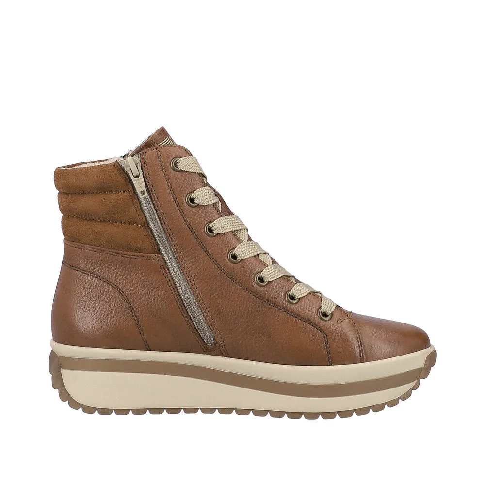 Rieker W0962-24  Ladies Brown Leather Zip & Lace Ankle Boots