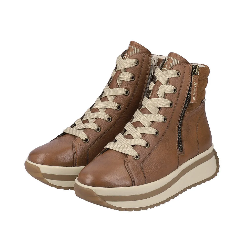 Rieker W0962-24  Ladies Brown Leather Zip & Lace Ankle Boots