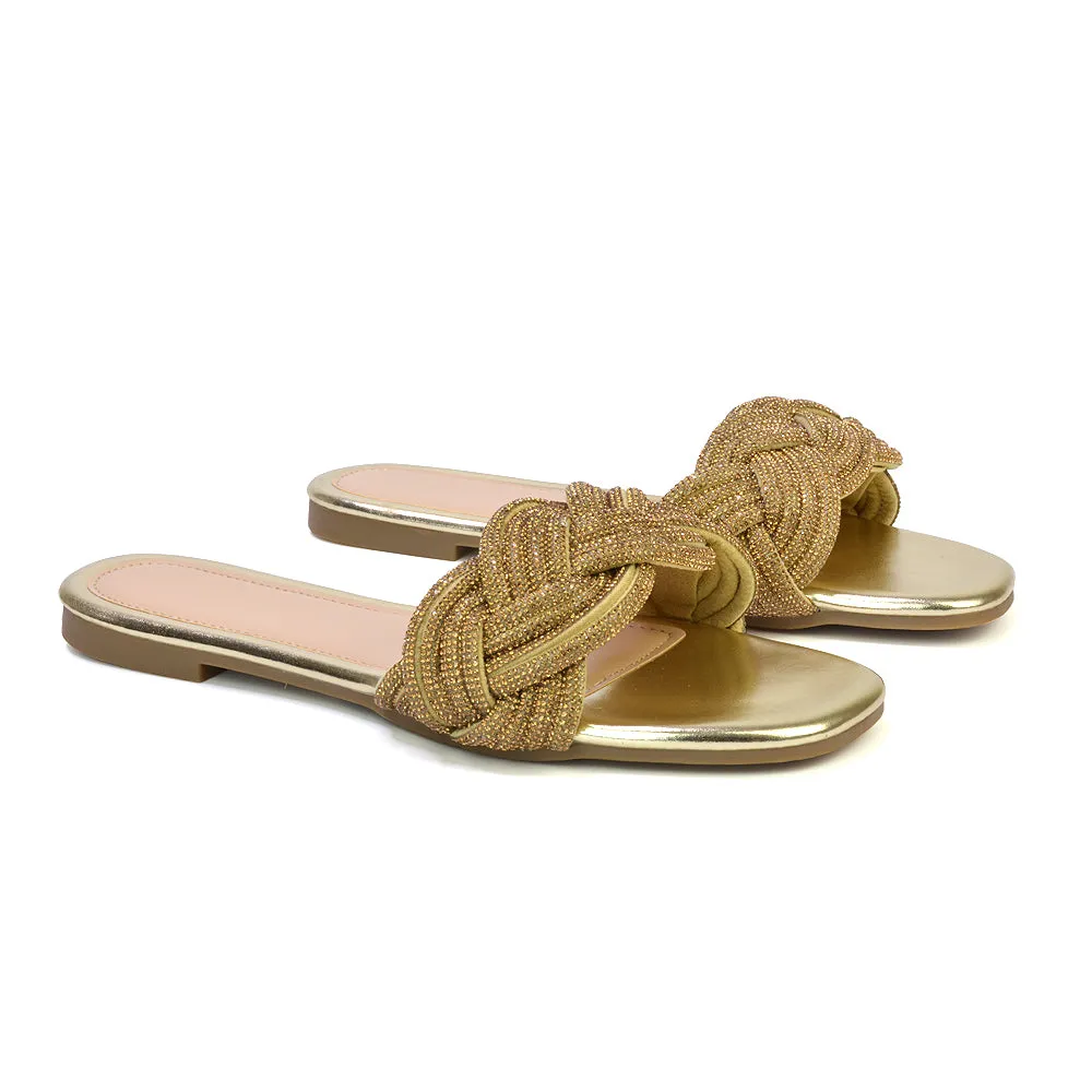 Robin Strappy Square Toe Metallic Summer Diamante Flat Sandal Slides in Silver